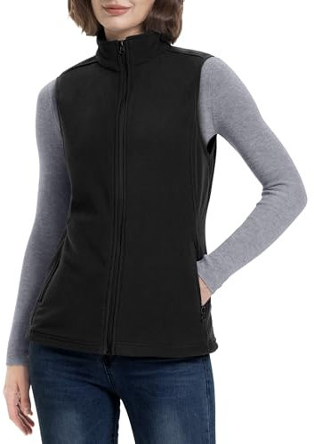 33,000ft Damen Fleece Weste Jacke Standkragen Ultraleicht Outdoor Westen Tops mit Taschen Reißverschluss Gilets Damenweste Schwarz 54