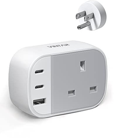UK to US Plug Adaptor, VINTAR USA Travel Adapter with 2 USB C 1 USB A Ports, UK to USA Plug Adapter, American Plug Adapter UK to US for USA Mexico Canada Thailand and More (Type B),1 Pack