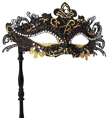 LUTER Maskerade Maske mit Stab, Maskerade Maske Damen Venezianische Halloween-Kostümmaske für Karnevalsparty Maskerade-Maske für Frauenkostüm (Schwarz Gold)