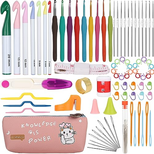 Aeelike 84 Stück Häkelnadel Set Häkelset mit Rosa Tasche, Ergonomisch Häkelnadeln Set mit Mit Glattem Häkelkopf, Große Inline Häkelnadeln, Dünn Edelstahl Häkel Set, Häkeln für Anfänger, Häkelzubehör