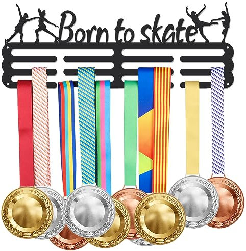SUPERDANT Porta Medaglie per Pattinaggio su Ghiaccio Espositore per Trofei da Danza Appendiabiti Born To Skate Montaggio A Parete in Metallo Senza Ganci Appendi sopra 60 medaglie Nero