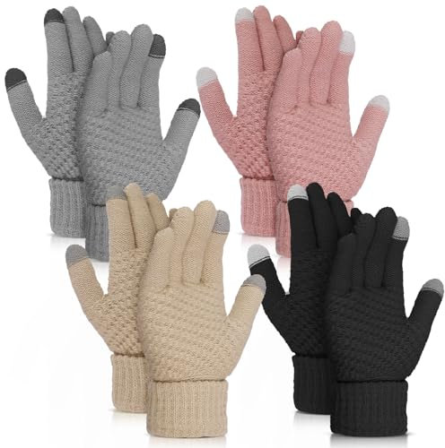 Abeillo Damen Winter Warme Touchscreen Handschuhe, Thermo Knit Soft Fleece Gefüttert Handschuh Winter Texting Handschuhe Elastische Manschette Handschuh, Schwarz, Rosa, Grau, Beige, 4 Paare