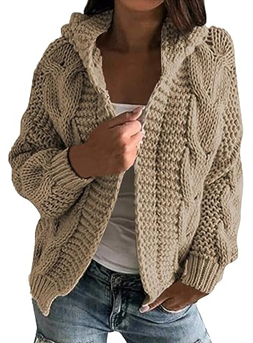 Saymany Strickjacke Damen Grobstrick Cardigan mit Kapuze Langarm Grobstrickjacke Strickmantel mit Kapuze Wintermäntel Longstrickjacke Outwear Elegant Übergangsjacke Bolero Open Front Grobstrickjacke