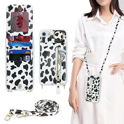 Havaya iPhone 7 Case with Strap, RFID Card Holder, Mobile Phone Case iPhone 8 with Zip, Band Ring Stand, iPhone SE (2020/2022) Case for Women - Cow Print Black