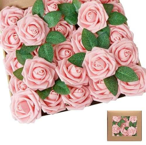 SVUPUE Mousse Rose Artificielles, 25pcs Fleurs Artificielles Roses avec Feuilles, Roses en Mousse avec Tiges, Vrac avec Tige, Convient au Bouquet de Mariage DIY, Cadeau de Saint-Valentin, Rose Clair