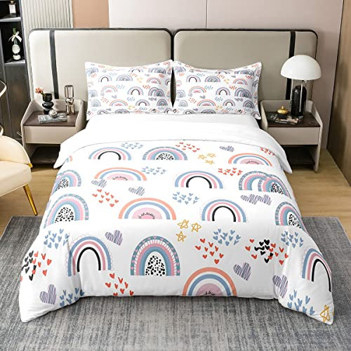 Homewish Housse de Couette 240x260 Cartoon Arc-en-Ciel en Coton, Ensemble de Literie À Motifs d'amour pour Enfants Garçons Filles, Parure de Lit Étoile de Cœur Noire Et Rose, 3 Pièces