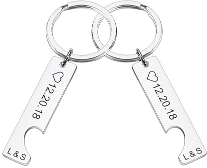INBLUE Personnalisé Acier Inoxydable Couple Porte-clés Ensemble pour Femme Gravé Nom Date Cœur Puzzle Porte-clés Photo Ronde Étiquette Couper Porte-clés avec Nom Cadeau Significatif pour Couple