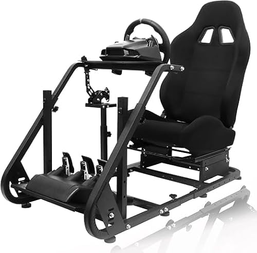 Anman Racing Simulator Cockpit mit Black Gaming Chair passend für Logitech G25 G27 G29 G920 G923, für Thrustmaster T80 T150 T249 Lenkradständer ohne Lenkradpedal und Handbremse
