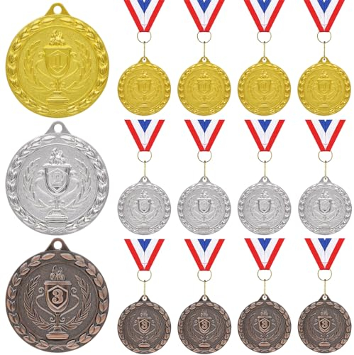 Donrime Medaillen für Kinder, 12 Stück Gold-Silber-Bronze-Metallmedaillen Siegermedaillen mit Bandhalskette für Sporttagspreise, Turnwettbewerbe, Partygeschenke, Kinder Erwachsene