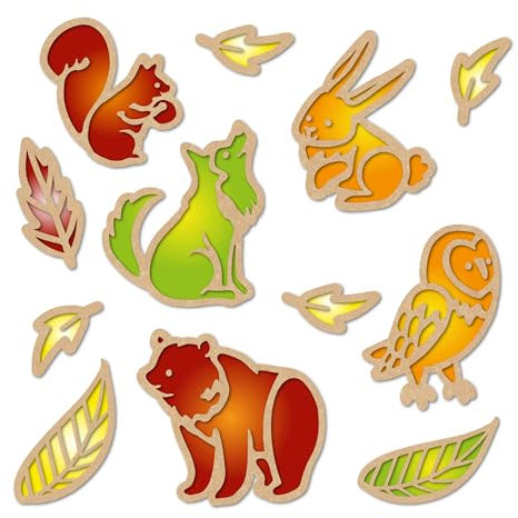 Papierdrachen Fensterbilder Sketch Waldtiere - 8 Stanzbögen & 8 Transparentpapiere - Doppelseitige Motive - Fuchs, Bär, Eule und Blätter - Set 06