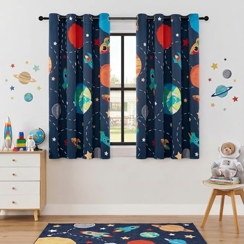 BOHOMOCASA Kids Space Themed Blackout Curtains - 100% Blackout Perfect for Bedroom, Spark Kids Imagination with Vibrant Cosmos Designs, Noise Reduction, Thermal Insulated, (2 Panels W52×L63)