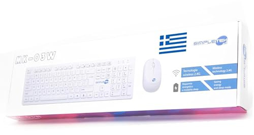 SIMPLETEK - Wireless Mouse & Keyboard Kit 2.4G Layout GR Greek | Greek Keyboard QWERTY with Numeric Keypad Ergonomic Mouse 3 Keys USB Receiver