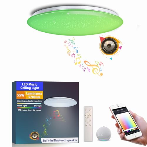 chysongoods Φ50cm 55W Musik Deckenlampe Amazon Alexa Google Home Kompatibel Mit Bluetooth Lautsprecher Deckenleuchte LED RGB Farbwechsel Dimmbar für Küche Schlafzimmer Wohnzimmer Badezimmer