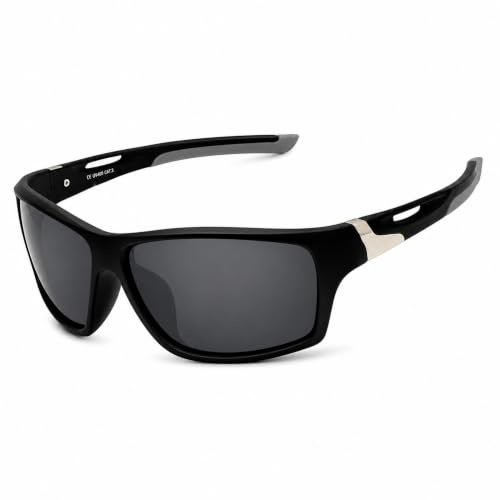 Rennec Sonnenbrille Herren Polarisiert Sportbrille Schwarz Getönt Schwarz Matt Leichtgewicht Radbrille Anglerbrille Bikerbrille