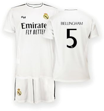 Real Madrid - Conjunto Camiseta y Pantalón Primera Equipación Temporada 24/25, Bellingham, Niños 4 Años, Replica con Licencia Oficial