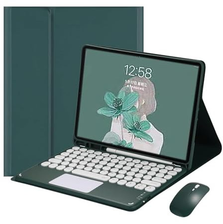 Funda Teclado para iPad Mini 5.ª/4.ª/3.ª/2.ª/1.ª Generación 7,9 Pulgadas con Ratón Recargable, Smart Trackpad, QWERTY Español Ñ Teclado Bluetooth Inalámbrico con Ranura para Lápiz, Verde Oscuro-A