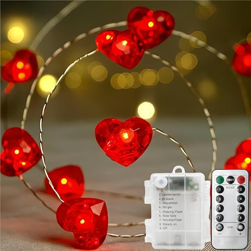 Elitecran 300cm Cuore Rosso Catena luminosa a LED, Catena Luminosa a Forma di Cuore, Luci Fatate Rosse a Batteria, Luci di Stringa di Cuore Decorative, Luci a corda Ambiance per San Valentino/Natale