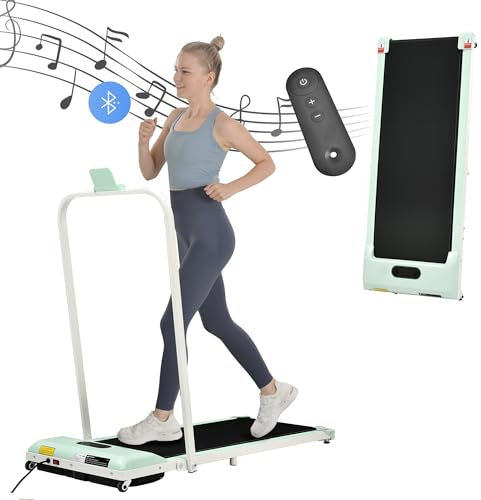 Merax Laufband, Leichtgewicht Laufbänder für Zuhause mit Klappbarer Griifstange und Bluetooth-Lautsprecher, Tragbar Treadmill Under Desk mit Fernbedienung,LED-Anzeige, Grün