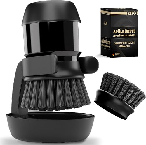 Spülbürste mit Spülmittelspender - Multifunktionale Reinigungsbürste zum Drücken - Schwarze Küchenbürste und Geschirrbürste für effektives Reinigen - Handflächenbürste für Geschirr, Töpfe
