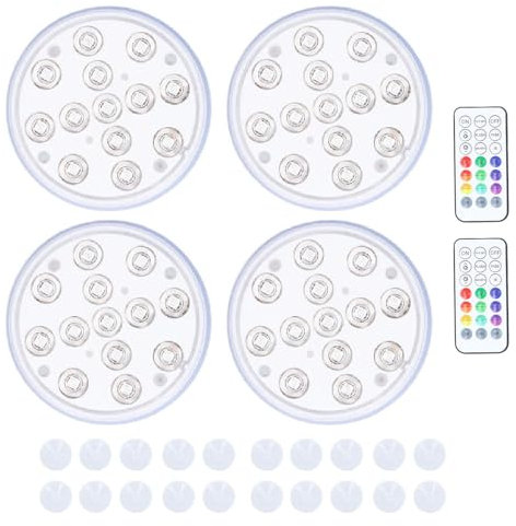 Tixiyu 4 x Schwimmbad-Lichter, Unterwasser-LED, IP68, wasserdicht, tauchfähige LED-Leuchten mit Fernbedienung, RGB-mehrfarbig, LED-Unterwasserlicht, Teichbeleuchtung mit Magneten, Saugnapf