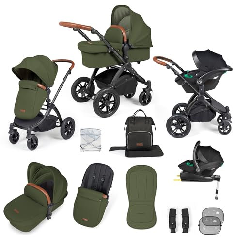 Ickle Bubba Stomp Luxe All in One i-Size Reisesystem and ISOFIX Basis - Schwarz/Woodland/Tan