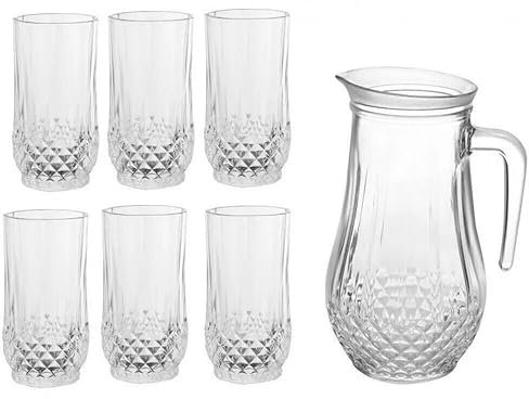 Reldor 7 Piece 1.5L Drinking Glassware Set Crystal Effect Tumblers Glasses and Jug Set Crystal Effect Highball Water Juice Glasses Tumblers Pitcher Jug with Lid