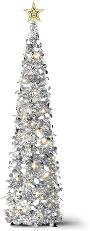 Albero di Natale pop-up con luci e puntale per albero, 1,5 m, albero di Natale artificiale pieghevole, albero di Natale magro per interni, casa, appartamento, portico, vacanze, decorazioni per feste