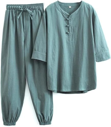 WHESAZYP Tai Chi Anzüge Tai Chi Kleidung Damen Kung Fu Uniform Baumwollleinen Kampfsport Set Kurzarmhose Zen Meditationsuniform Tang-Anzug Traditionelle chinesische Kleidung (Grün XL)