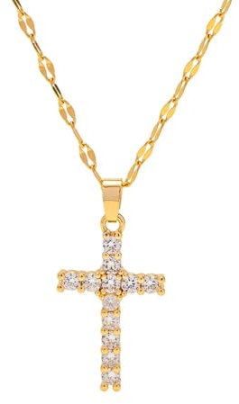 DJADEE Damen Kette mit Kreuz Anhänger Gold 750 vergoldet Edelstahl 18 Karat Zirkonia Hypoallergen Wasserfest, Geschenk UVP: 29€