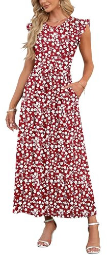 AUSELILY Women Summer Maxi Dress Ruffle Petal Short Sleeve Dresses with Pockets Casual Crew Neck Beach Long Dress Elegant Floral Red M