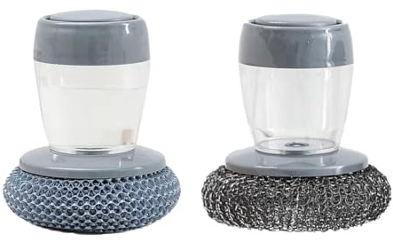 SanKristo Brosse à Vaisselle avec Réservoir Distributeur de Savon 2 Pièces, Brosse de Cuisine Bouton-Poussoir, Brosse à Billes en Acier Les Taches Tenaces à Billes en Pet sans Danger