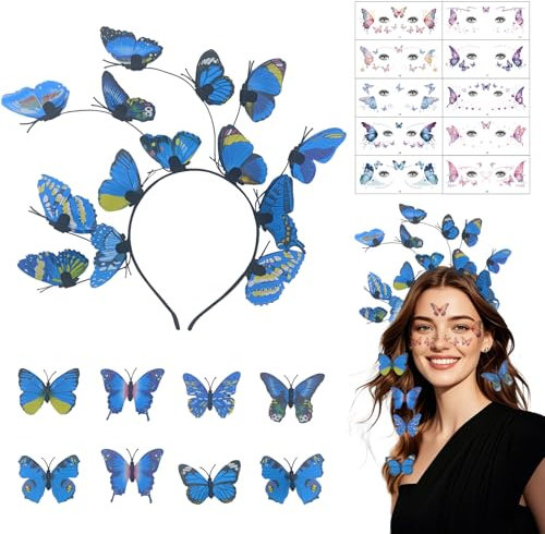 KASESSS 1Pcs Serre Tete Papillon, 8Pcs Pince Cheveux Papillon, 10Pcs Autocollant Visage, Bandeau Papillon, Serre Tete Femme Fille, Accessoires Cheveux Papillons pour Mariage Fêtes Photographie Voyage