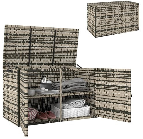 Outsunny Baule da Esterno da 350L a 2 Livelli in Rattan PE, Contenitore da Esterno con Pistoni a Gas e Telaio in Acciaio, 118x57x69 cm, Grigio