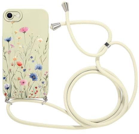 Vxinvnoi Handykette Handyhülle für iPhone 8/7/SE 2020/SE 2022 4,7 Hülle mit Band, Aesthetic Muster Blumen Kordel zum Umhängen Case, Weich Dünn Silikon TPU Bumper Stoßfest Cover für iPhone 7, Beige1