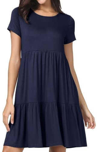 PrinStory Summer Dresses For Women UK Crew Neck Short Sleeve A-Line Swing Dress Casual Holiday Beach (Navy Blue, L)