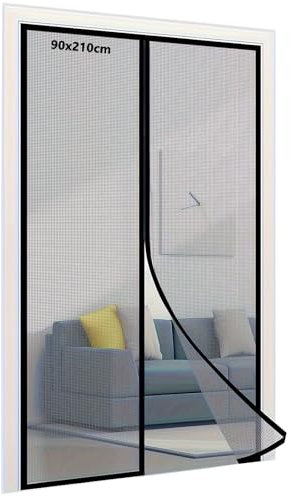 Zanzariera Magnetica per Porte Finestre [90x210cm] - Zanzariere Magnetiche con 14 Calamite Forti, Rete Antizanzare Nero, Facile Installazione Senza Fori per Balcone, Porta Esterna, Finestra Scorrevole