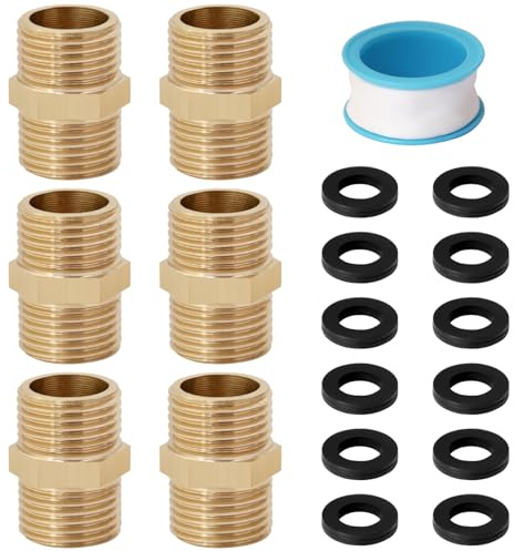Josaton 6 Pcs Brass Shower Hose Connector 1/2 BSP Male to 1/2 BSP Male Thread Hex Nipple Fitting with Silicone Gaskets and Sealing Tapes Hex Nipple Pipe Fittings for Pipe Connecting Conversion