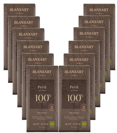 Pack 12x Chocolate Negro Perú 100% Bio 75g | Blanxar | Tabletas de Chocolate Ecológico | Sin Azúcar Añadido | Apto para Veganos