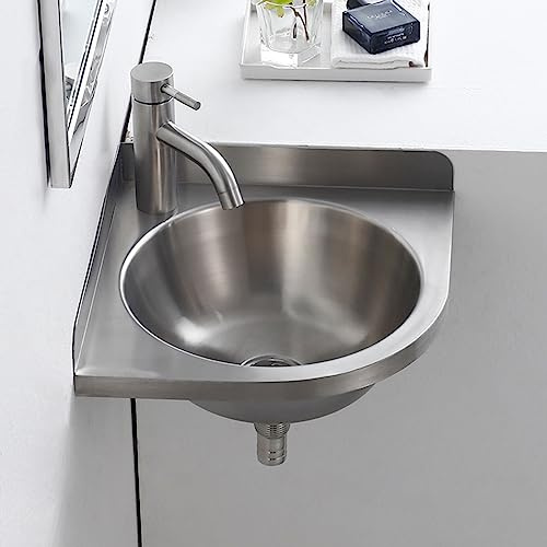 Fregadero independiente de acero inoxidable con escurridor y grifo, ideal para cocina, baño y lavandería, diseño de esquina que ahorra espacio y elegante