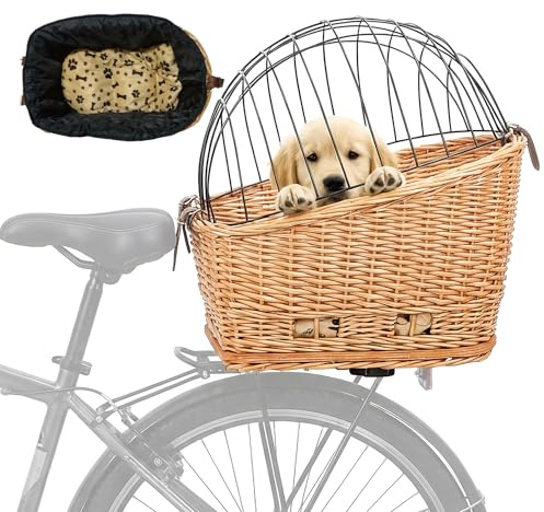 Rear Bike Basket for Dogs, Wicker Pet Bicycle Carrier for Small Dog Cat with Protective Grille Liner Eco Friendly Natural Rattan Doggy Back Luggage Rack Seat (Brown Style1)