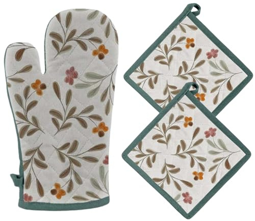 Set Presine da Cucina e Guanto da Forno in Cotone, Guanti da Cucina più 2 Presine con Fantasia Decorativa, Guanto forno 32x18 cm, Presina 20x20 cm