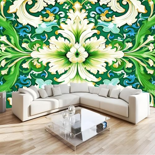 Fototapete Barockstil Grün 200 x 140 (B x H) Wandbild Retro Blumen Pflanzen, Vliestapete für Wohnzimmer Schlafzimmer Kinderzimmer – Wanddekoration