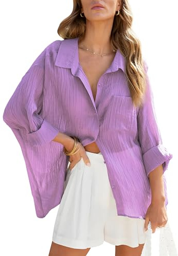 Homlan Camicia da donna a maniche lunghe, elegante, con scollo a V, casual, in lino, con bottoni, con tasche sul petto
