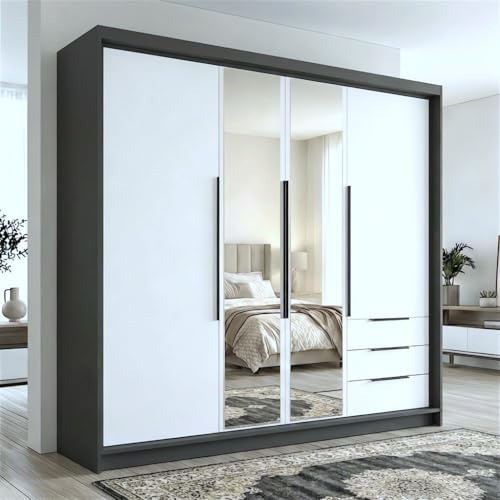A&J MöbelLand VIVO Kleiderschrank 4-türig mit Spiegel und Schubladen – 200 x 215 cm – Drehtürenschrank mit Kleiderstange und Einlegeböden