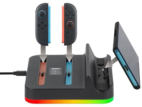Konix Station de rechargement dock console + 2 manettes Nintendo Switch 2 - Éclariage LED RVB personnalisable - Compatible PlayStation Portal - Noir
