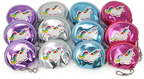 com-four® 12x Mini Geldbörse mit Einhorn Sticker, Portemonnaie in pink, lila, blau und silberfarben, 6,5 x 6 cm (12 Stück - Einhorn)
