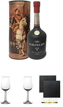 Luis Felipe Gran Reserva 60 Jahre Brandy 0,7 Liter + 2 Bugatti Nosing Gläser mit Eichstrich 2cl und 4cl + 2 Schiefer Glasuntersetzer eckig ca. 9,5 cm Ø