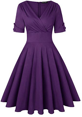 Women 50s Vintage Half Sleeve V Neck Swing Party Dress (Purple,Size XXL)