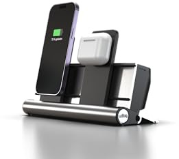 udoq 250 Aluminium Ladestation für iPhone & AirPods – Dockingstation mit 2 magnetischen Ladeplätzen (kompatibel mit MagSafe), Power Charger & Kabelbox, Silber eloxiert