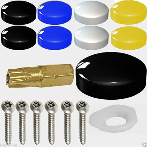 KADco® 17 x Number Plate Fixing Security Screws Cover Kit BLACK White Yellow Blue Snap Caps